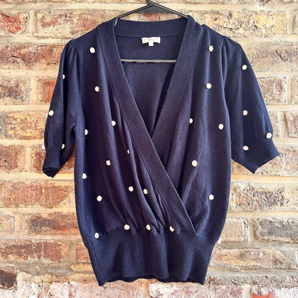 Demylee New York Wool dotted navy beige Vneck sweater top Sz S